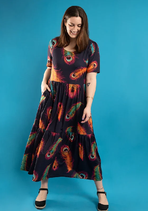 Final Sale Dayana Large Feather Print Tiered Hem Midaxi Dress