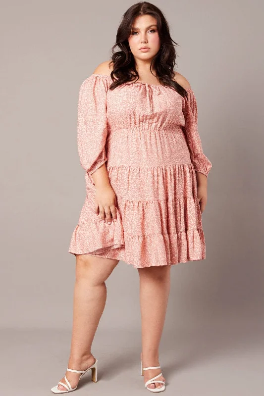 Seasonal Sale Pink Ditsy Tie Front Tiered Mini Dress