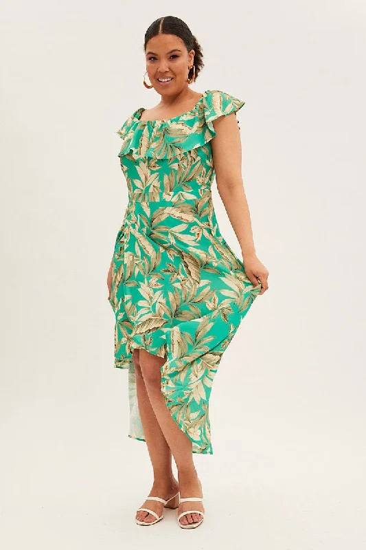 Weekend Flash Sale Green Floral Maxi Dress Off Shoulder Crepe
