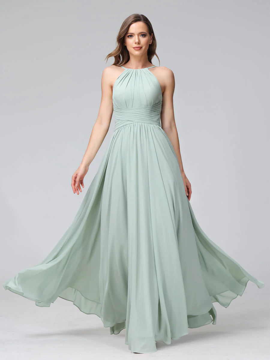 Flash Sale A-Line Halter Sleeveless Ruched Floor-Length Chiffon Bridesmaid Dresses