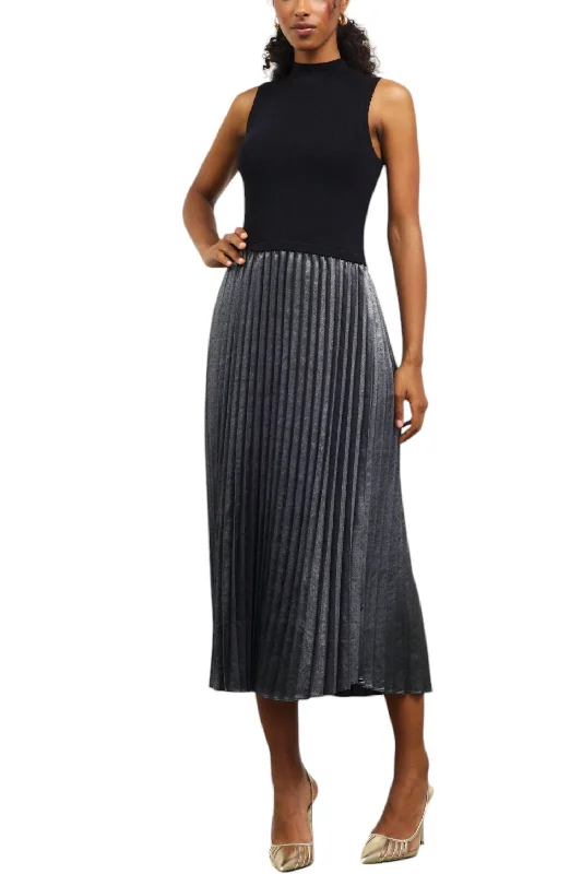 Today Only Mixed Media Pleated Midi Dress In Black