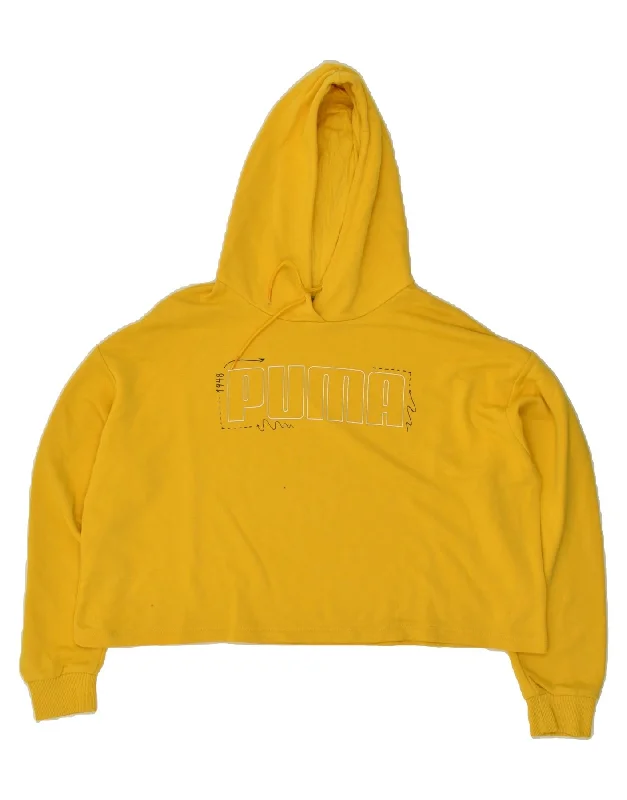 Can't Miss PUMA Womens Graphic Crop Hoodie Jumper UK 16 Large Yellow Cotton