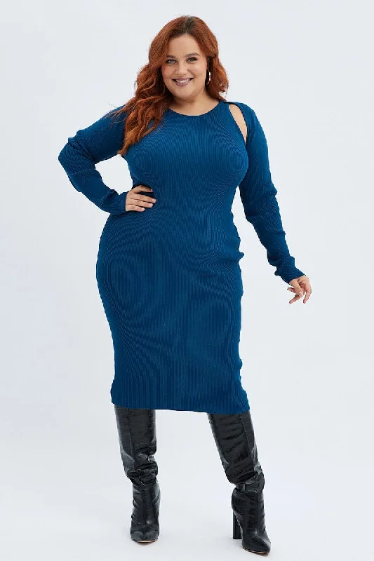 Amazing Deals Blue Knit Dress Cutout Shoulder Midi Rib
