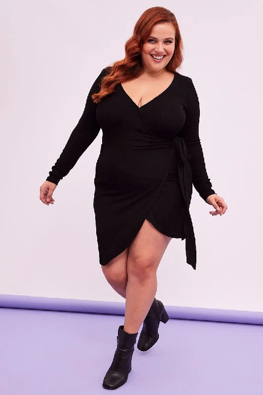 Unmissable Offer Black Wrap Dress Rib Jersey Tie Waist Knee Length