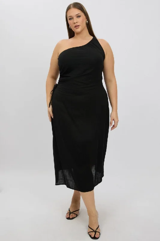 Act Fast Black Midi Dress One Shoulder Side Cut Out