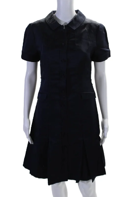 Don't Wait Chado Ralph Rucci Silk Womens Short Sleeve Collar Pleated Hem Dress Navy