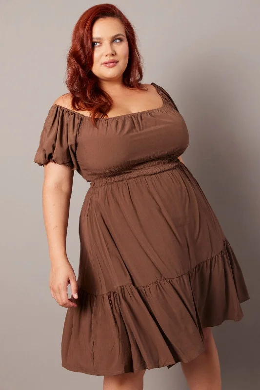 Super Deal Brown Elastic Waist Detail Puff Sleeve Minidress