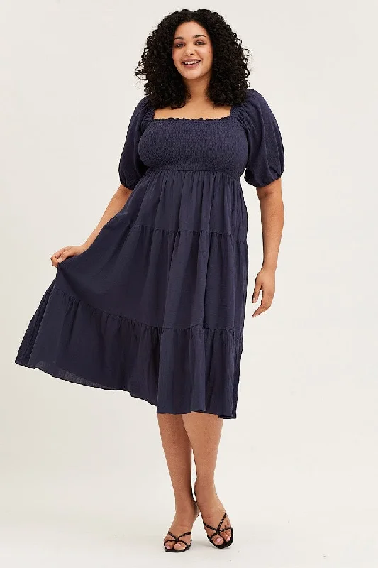 Savings Bonanza Blue Midi Dress Off Shoulder Short Sleeve