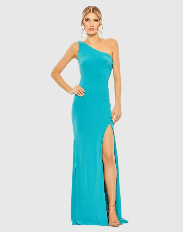 Bonus Savings Blue Jersey One Shoulder Draped Back Gown