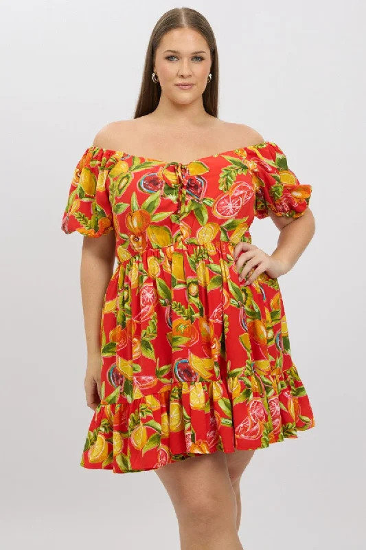 Bargain Bin Red Abstract Drawstring Bust Holiday Fruit Print Minidress
