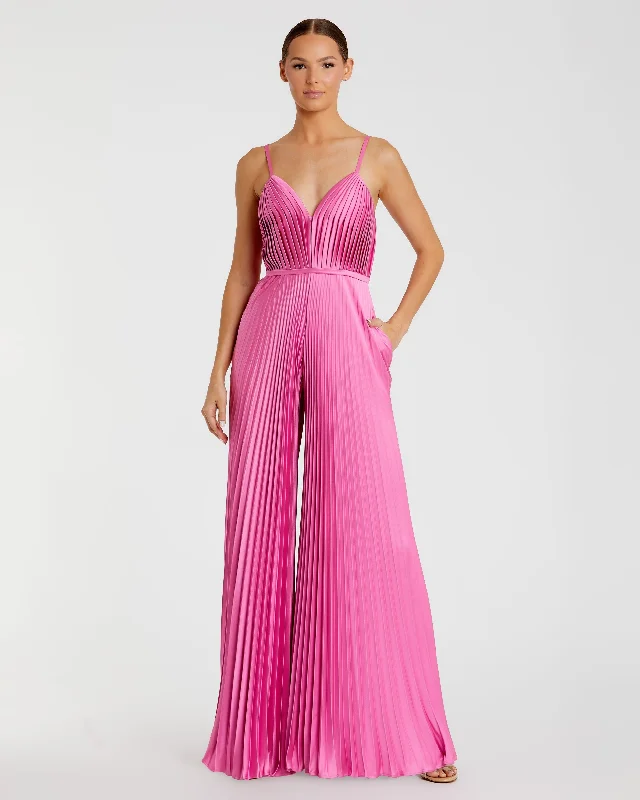 Act Now Pink Pleated Plunge Neck Wide Leg Jumpsuit