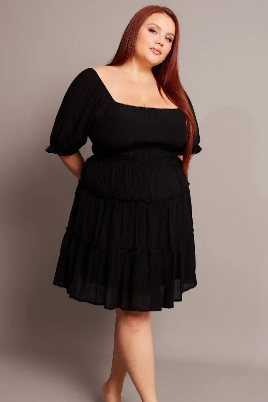Customer Appreciation Sale Black Mini Dress With Elastic Waist And Frill Skirt