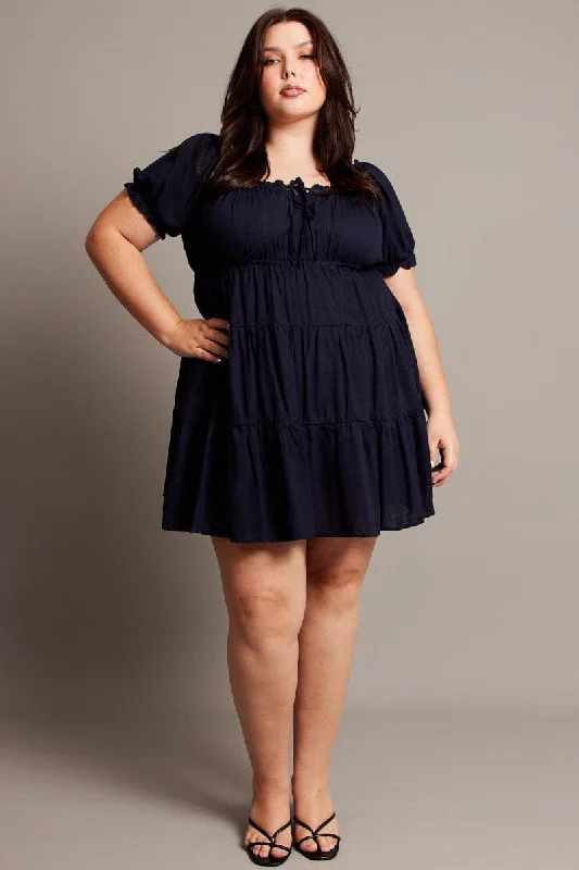 Act Fast Blue Tie Front Tiered Minidress
