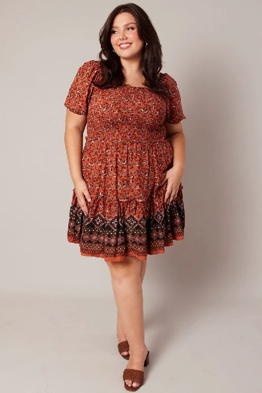 Steals and Deals Brown Boho Shirred Mini Dress