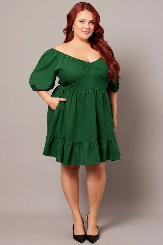 Exclusive Savings Green Tiered Mini Dress Shirred Back With Pockets