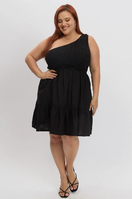 Discount Days Black One Shoulder Textured Minidress