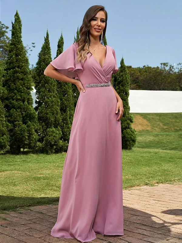 Extra Discounts A-Line/Princess Chiffon Sash/Ribbon/Belt V-neck Short Sleeves Floor-Length Bridesmaid Dresses Extra Discounts A-Line/Princess Chiffon Sash/Ribbon/Belt V-neck Short Sleeves Floor-Length Bridesmaid Dresses
