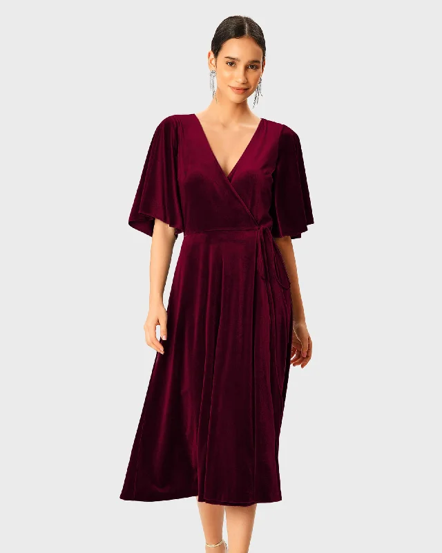 Sneak Peek Sale Flutter Sleeve Stretch Velvet Wrap Dress | Maroon