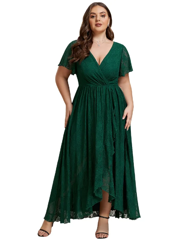 Time-Limited Offer Short Sleeve Ruffled V-Neck A-Line Lace Evening Dress | Dark Green