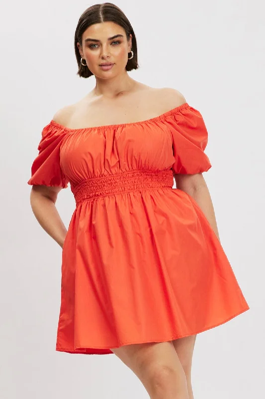 Deal Frenzy Orange Shirred Waist Cotton Blend Pocket Minidress