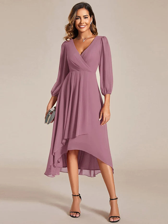 Holiday Sale Chiffon Long Sleeve V-Neck High-Low Wedding Guest Dress