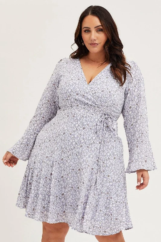 New Markdowns Animal Print Skater Dress V-neck Long Sleeve