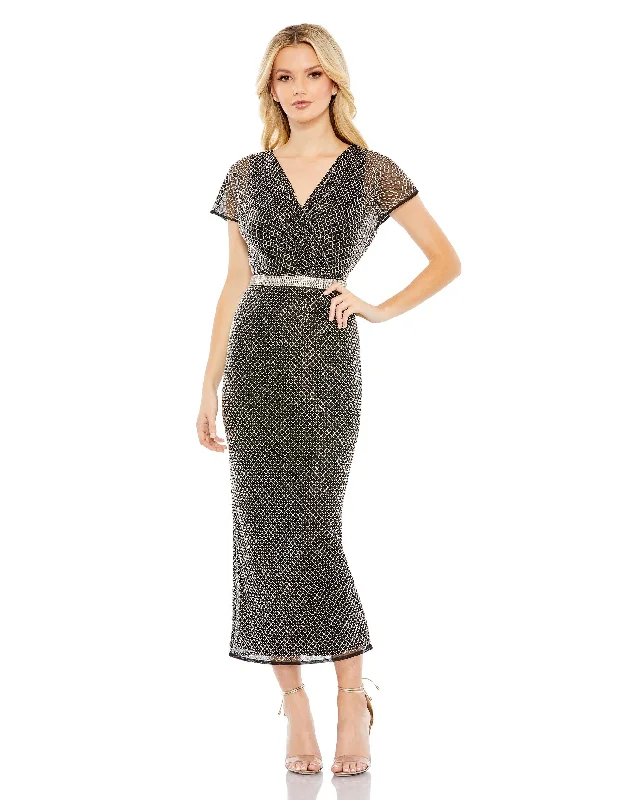 Crazy Deals Beaded, wrap v-neck, short sleeve dress