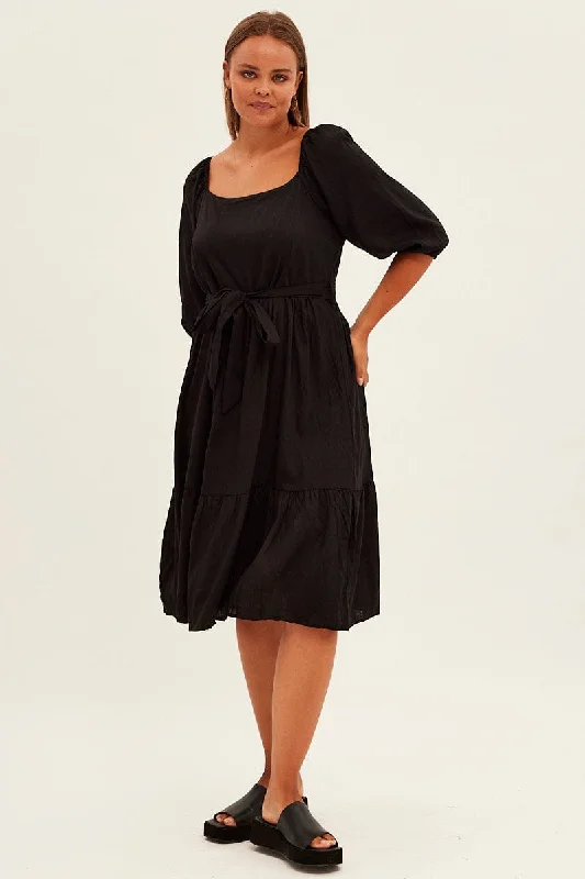 Weekend Deal Black Midi Dress Puff Sleeve Belt Frill Hem