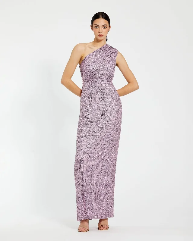 Doorbuster Deal Purple Sequined Ruched One Shoulder Gown