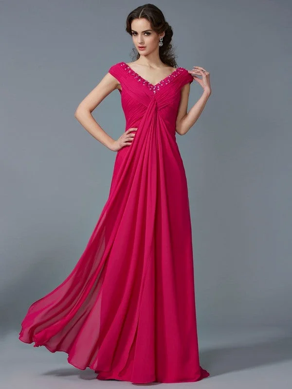 Shop and Save A-Line/Princess Beading V-neck Short Sleeves Long Chiffon Dresses