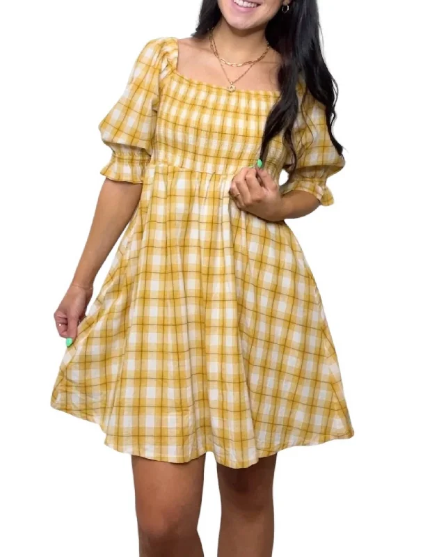 Savings Galore Andrea Smocked Plaid Dress In Sunflower