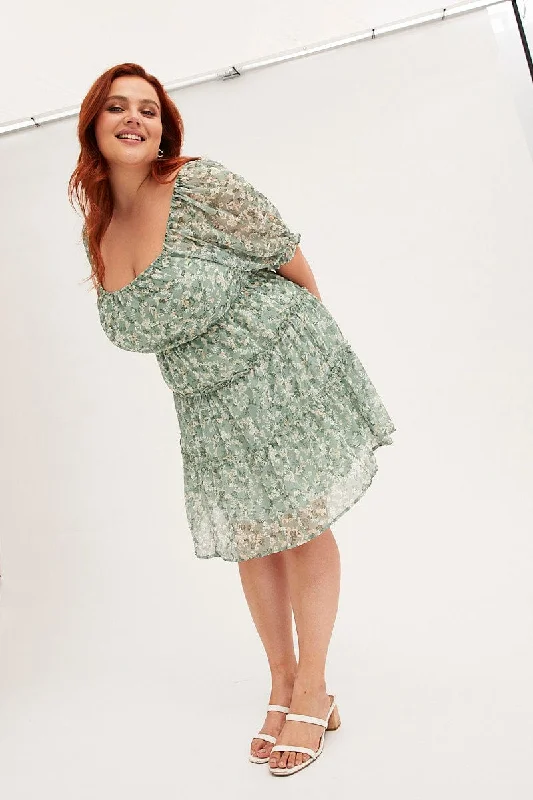 Huge Savings Green Mini Dress Short Puff Sleeve Ruched Bust