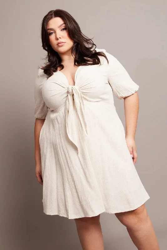 Quick Sale Beige Tie Front Linen Blend Minidress