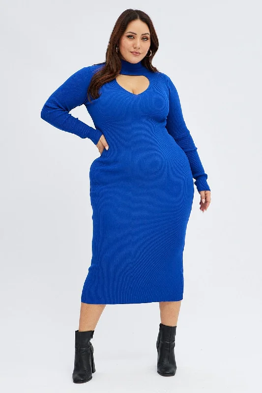 Overstock Blue Knit Dress Long Sleeve High Neck Cut Out