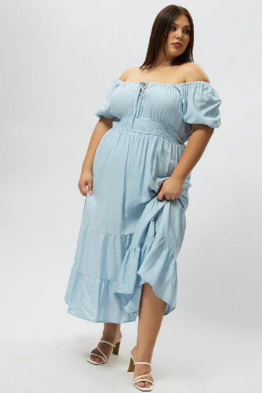 Savings Alert Blue Tiered Midi Dress Short Sleeve Ruched Bust