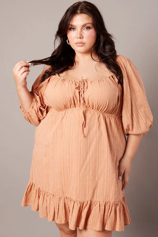 Massive Deals Brown Textured Stripe Mini Dress