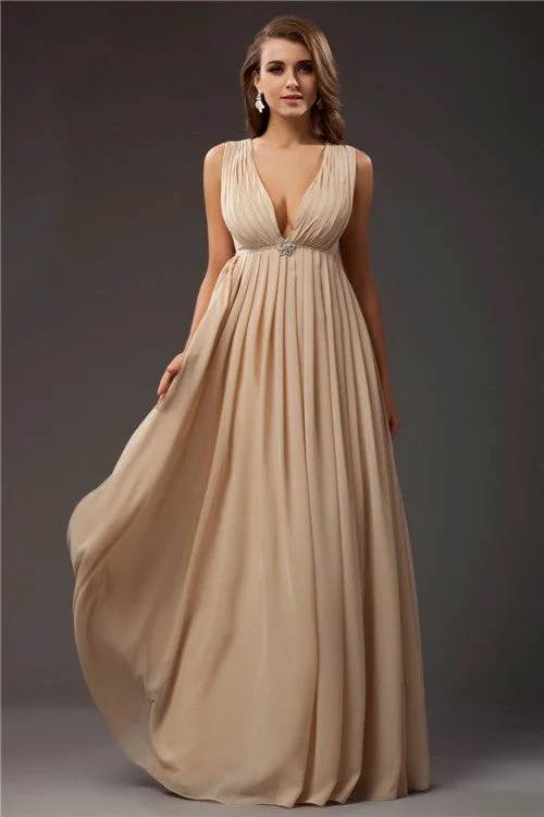Price Meltdown A-Line/Princess V-neck Sleeveless Beading Long Chiffon Dresses