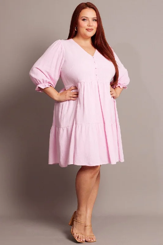 Fantastic Deals Pink V-neck Button Through Linen Blend Minidress