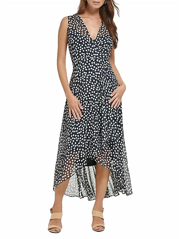 Limited Availability Polka Dot Sleeveless High Low Dress In Navy