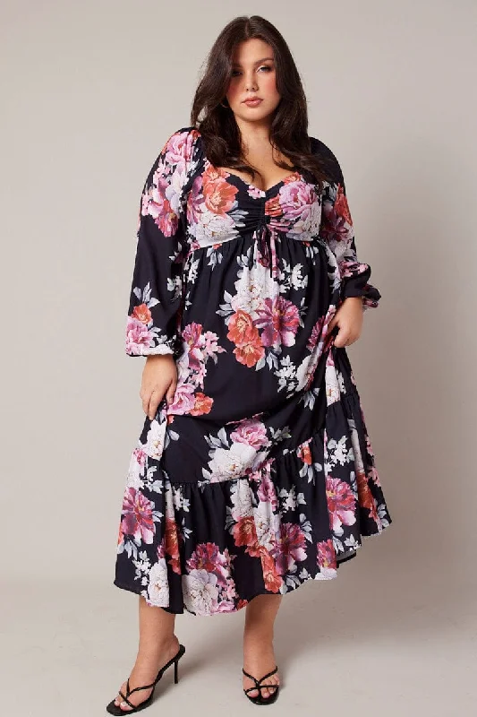 Deal Dash Black Floral Midi Dress Long Sleeve Ruched Bust