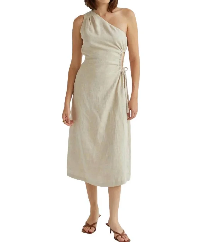 Special Promotion Aura One Shoulder Flax Linen Midi Dress In Oatmeal