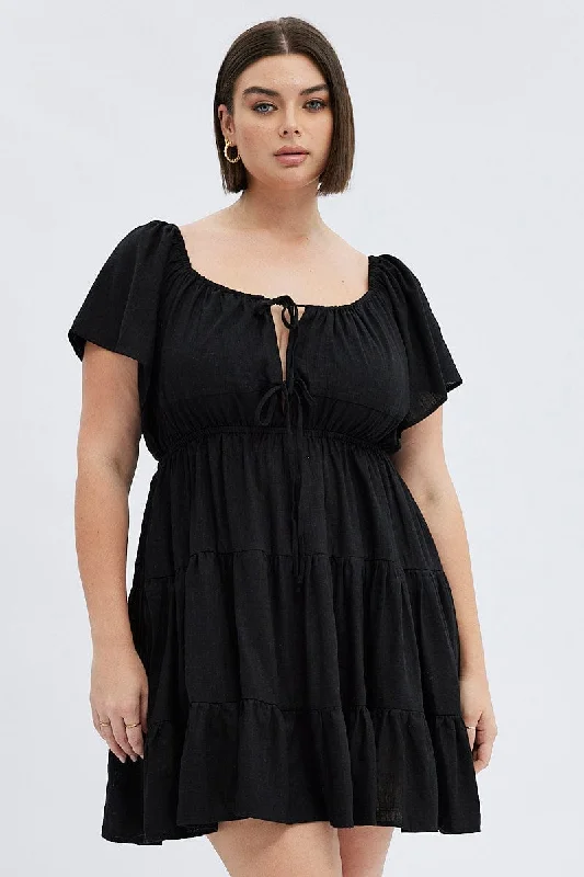 Seasonal Clearance Black Skater Dress Tie Linen Blend Flare Sleeve Mini