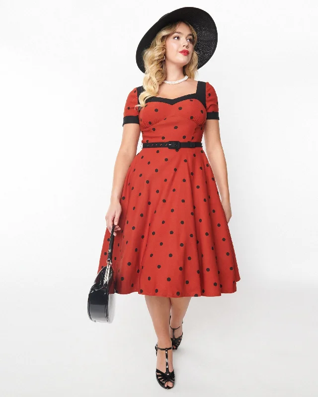 Closeout Unique Vintage Rust & Black Polka Dot Swing Dress | Red, Black Polka Dots