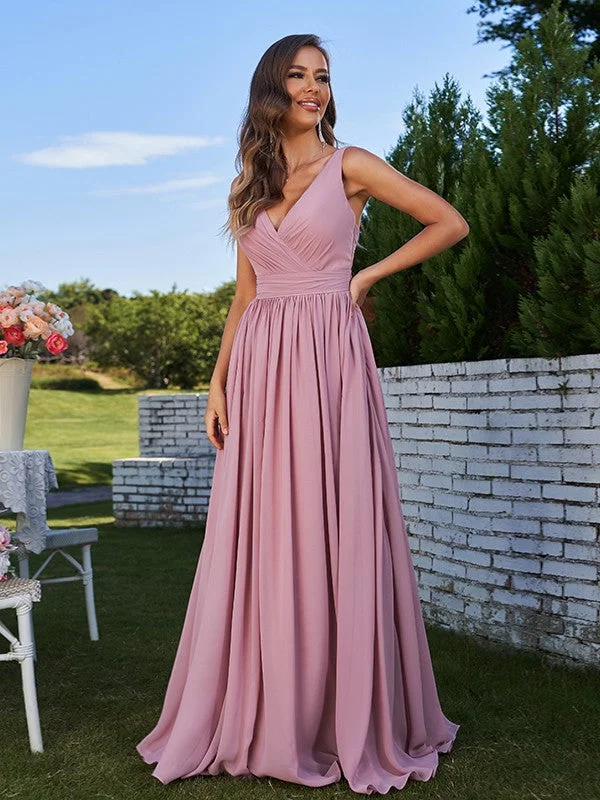 Limited Edition A-Line/Princess Chiffon Ruched V-neck Sleeveless Sweep/Brush Train Bridesmaid Dresses Limited Edition A-Line/Princess Chiffon Ruched V-neck Sleeveless Sweep/Brush Train Bridesmaid Dresses