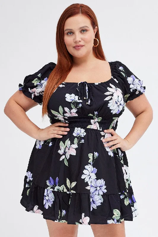 Special Price Black Floral Fit And Flare Dress Short Sleeve Gathered Bust
