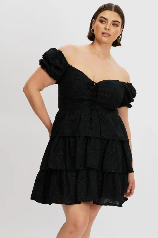 Members Only Black Lace Up Front Embossed Cotton Mini Dress