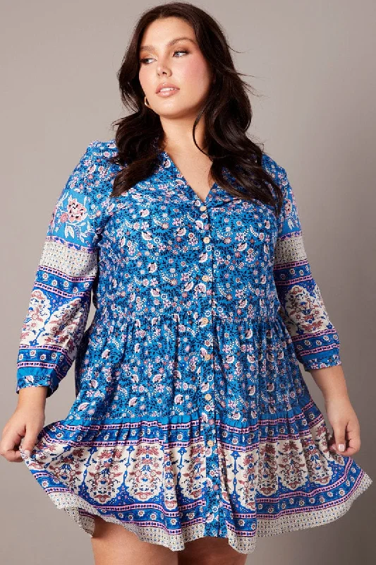 Buy More, Save More Blue Boho Button Through Shirtdress