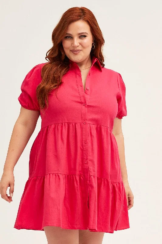 Unbeatable Prices Pink Shirt Dress Puff Sleeve Button