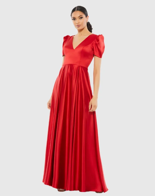 Limited Time Puff Sleeve V-Neck Satin Gown