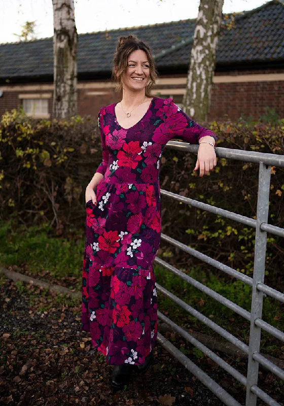 Exclusive Deal Elora Bold Floral Print Cotton Tiered Hem Midaxi Dress